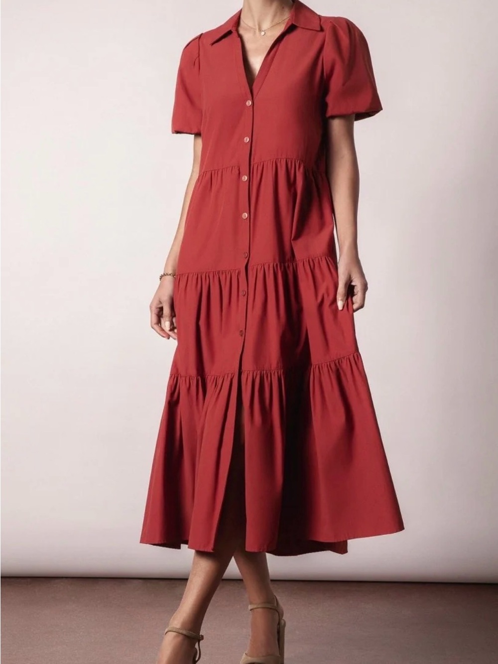 Brochu Walker The Havana Dress Tiered Puff Sleeve Midi in Tuscany XS